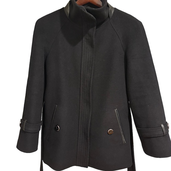 Mackage Black Wool Zipped Jacket with Leather Trim & belt, Size S/P Barely worn - Picture 3 of 10